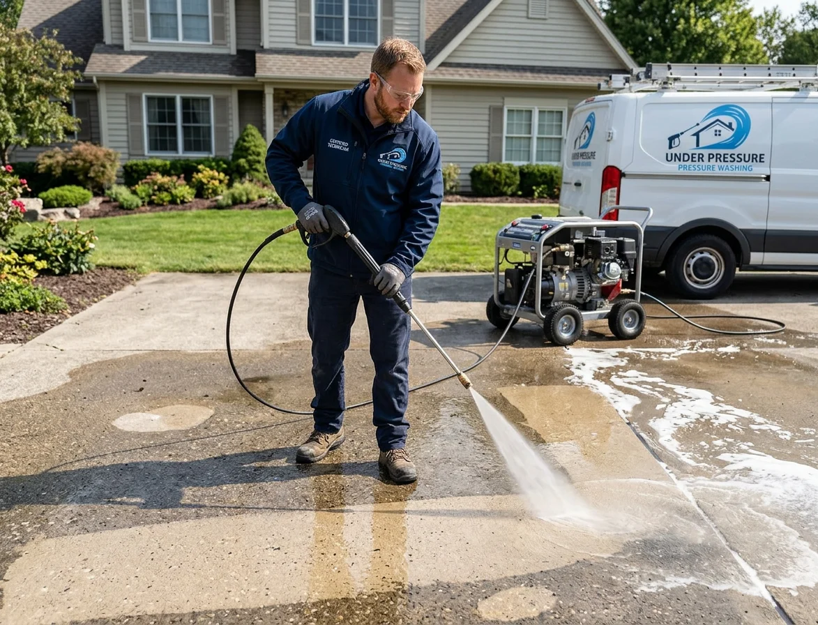 Professional pressure washing service cleaning a concrete driveway