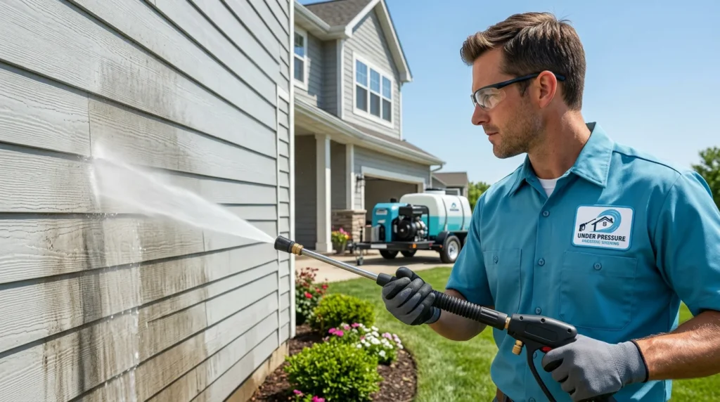Professional pressure washing siding on a residential home.